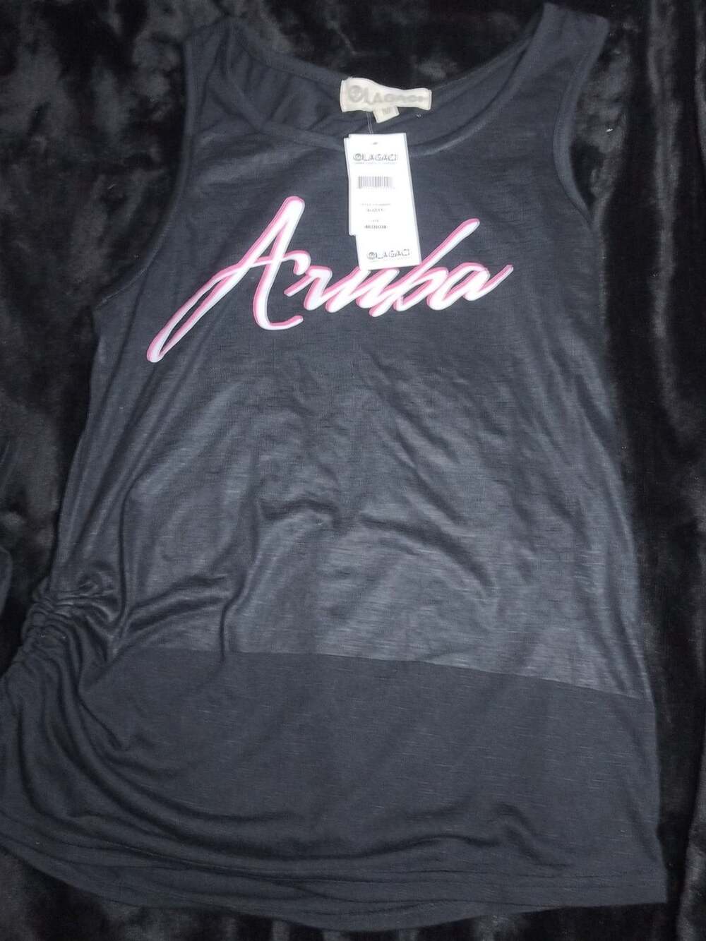 Lagaci Aruba Black Tank Top with Pink Graphic and Side Cinch Size Medium NWT